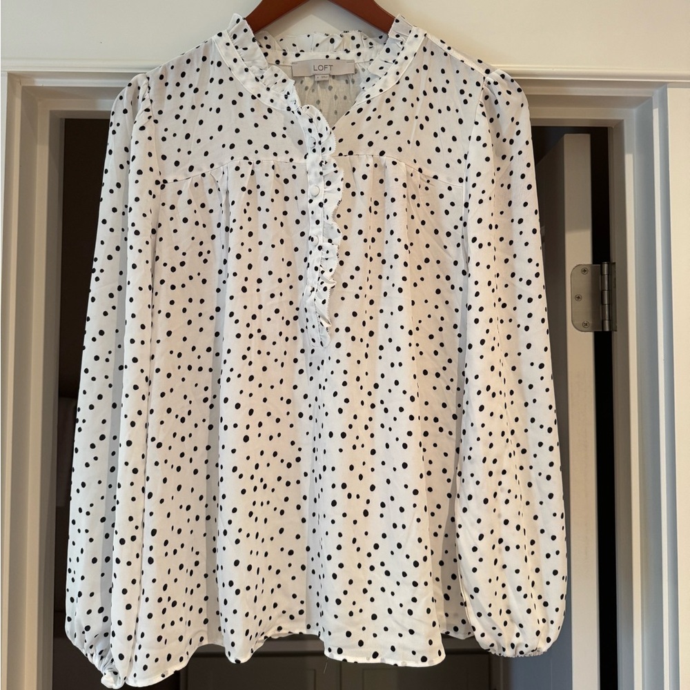 Loft White Polka Dot Long Sleeve Blouse